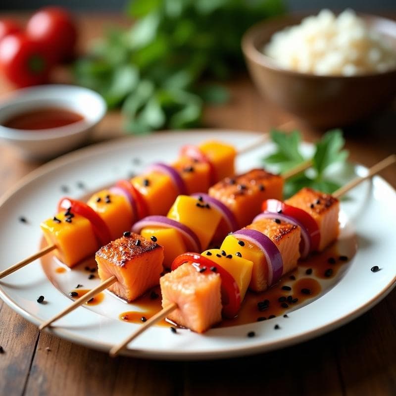 Brochetas de Salmón Marinado en Salsa Teriyaki y Mango: Receta en Olla Express