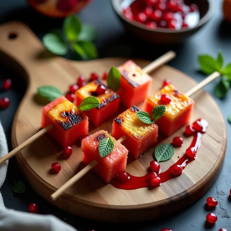 Brochetas de Sandía Ahumada y Queso Halloumi con Sirope de Granada: Postre Salado y Dulce en 15 Minutos