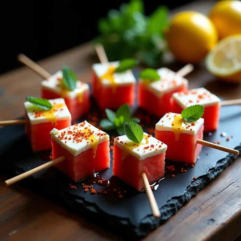 Brochetas de Sandía Ahumada y Queso Feta con Vinagreta de Limón Negro: Entrante Iraní Estético para Tupper