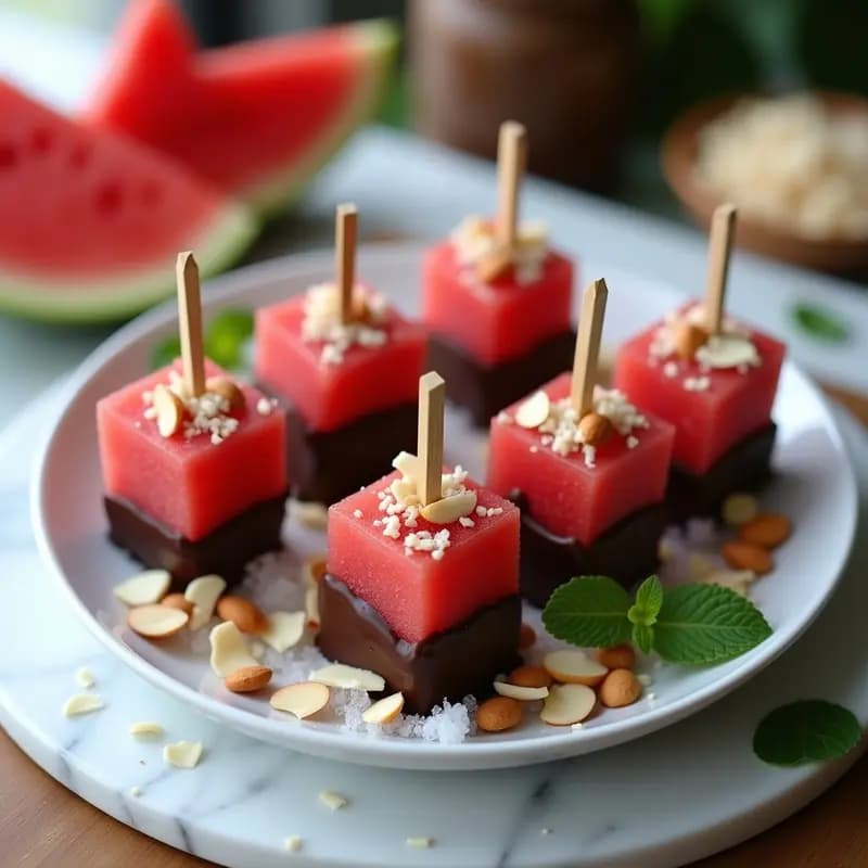 Brochetas de Sandía Congelada con Chocolate Negro y Pimienta de Cayena: Postre Veraniego Picante