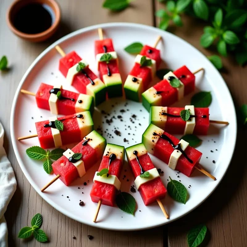 Brochetas de Sandía y Feta con Hojas de Mentas y Reducción de Balsámico: Entrante Griego Viral