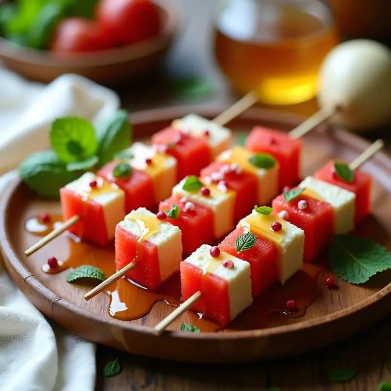 Brochetas de Watermelon y Feta en Miel: Aperitivo Refrescante con Toque Salado en 5 Minutos