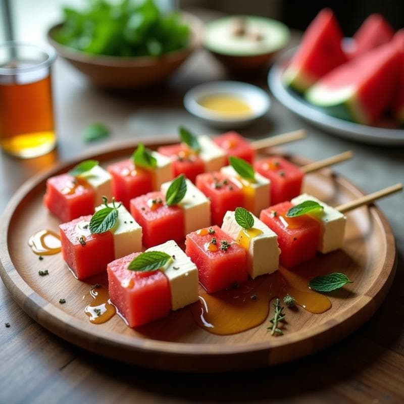 Brochetas de Sandía y Feta con Miel de Tomillo: Aperitivo Griego Fresco en 10 Minutos