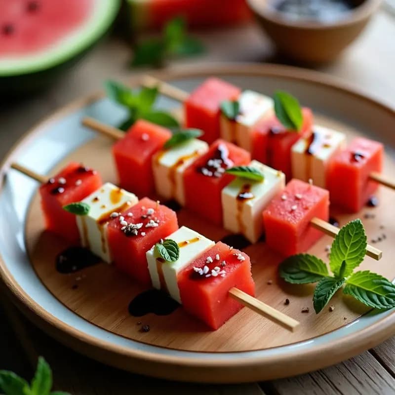 Brochetas de Sandía y Feta con Glaseado de Vinagre Balsámico: Aperitivo Veraniego en 10 Minutos