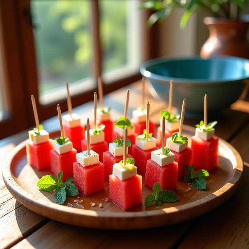 Brochetas de Sandía y Feta con Vinagreta de Menta: Aperitivo Griego Veraniego