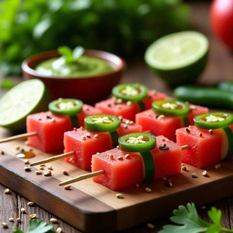 Brochetas de Sandía y Jalapeño con Salsa de Cilantro: Aperitivo Mexicano Picante y Refrescante