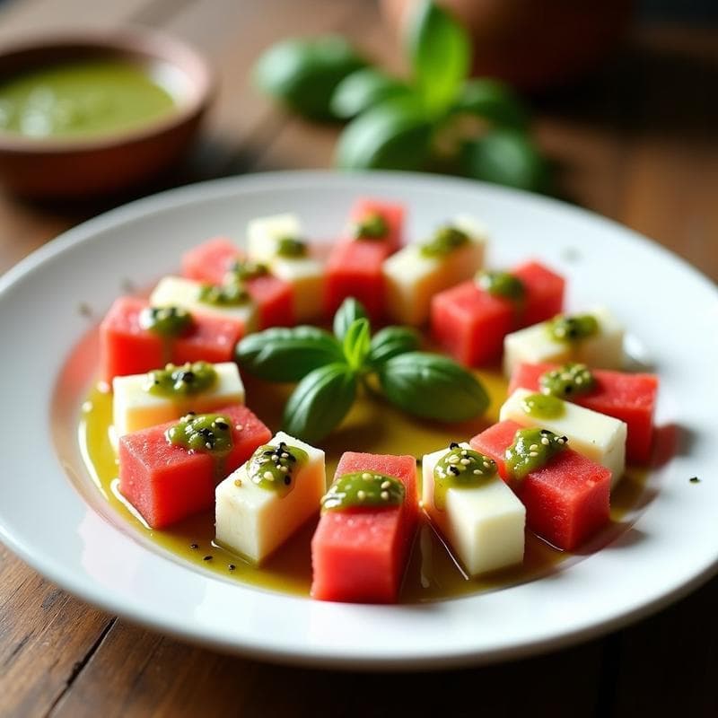 Brochetas de Sandía y Queso de Anacardos con Vinagreta de Albahaca: Entrante Vegano