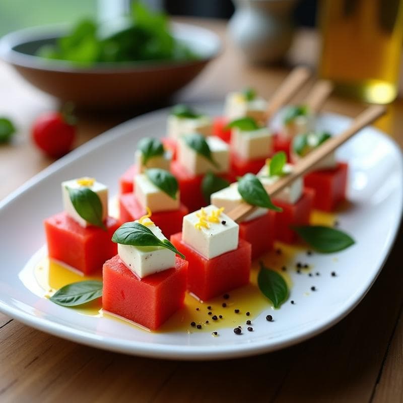Brochetas de Sandía y Queso Feta con Hojas de Albahaca: Postre Saludable Griego en 10 Minutos