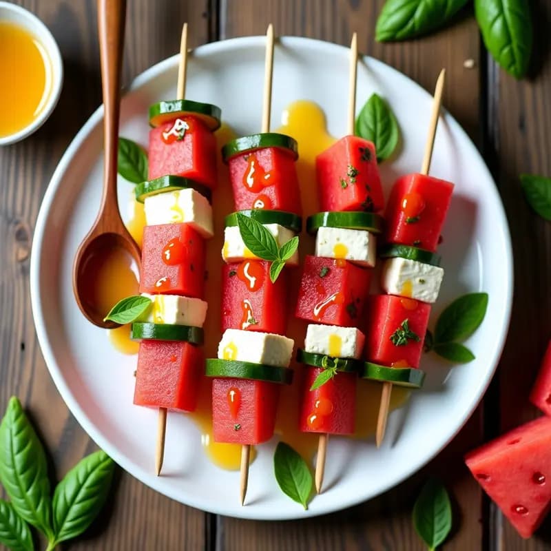Brochetas de Watermelon Feta con Albahaca y Vinagreta de Miel de Agave: Entrante Veraniego en 5 Minutos
