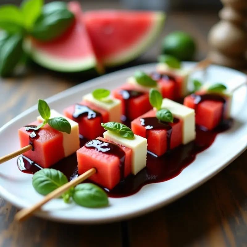 Brochetas de Sandía y Queso Feta con Glaseado de Reducción de Balsámico: Entrante Italiano Dulce-Salado
