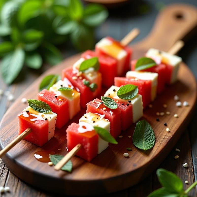 Brochetas de Sandía y Queso Feta con Miel y Hojas de Menta: Receta Griega Fresca y Dulce-Salada