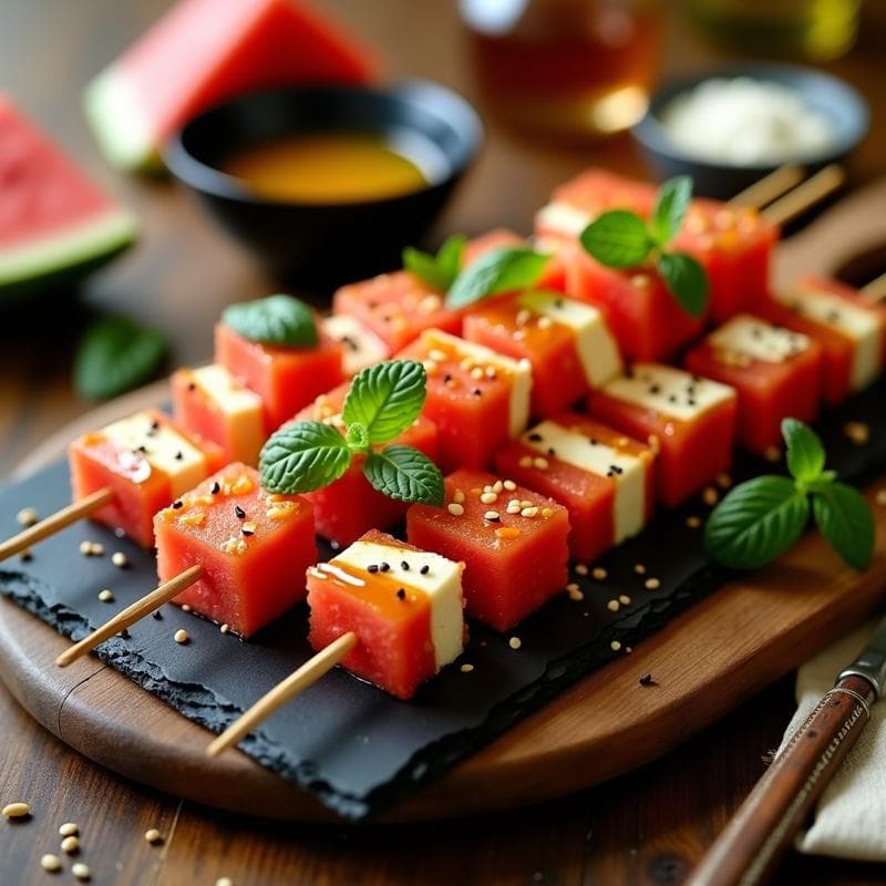 Brochetas de Watermelon y Queso Feta con Miel de Trufa: Aperitivo Griego en Airfryer