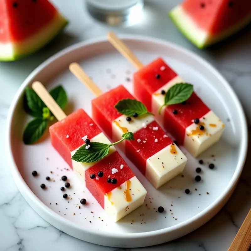 Brochetas Heladas de Sandía y Queso Feta con Miel de Trufa: Postre Salado que Desafía el Calor