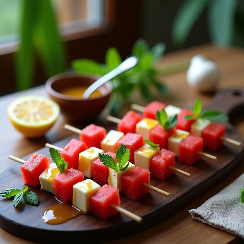 Brochetas de Sandía y Queso Feta con Reducción de Miel y Limón: Entrante Veraniego Sin Gluten