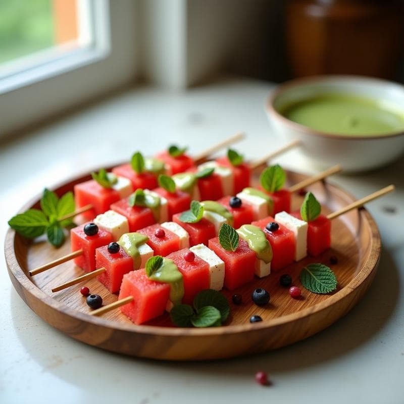 Brochetas de Sandía y Queso Feta con Salsa de Menta y Pimienta Rosa: Entrante Fresco en 10 Minutos