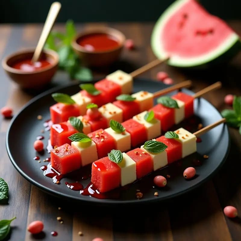 Brochetas de Sandía y Queso Feta con Sirope de Chili: Entrante Veraniego y Explosivo para Reels