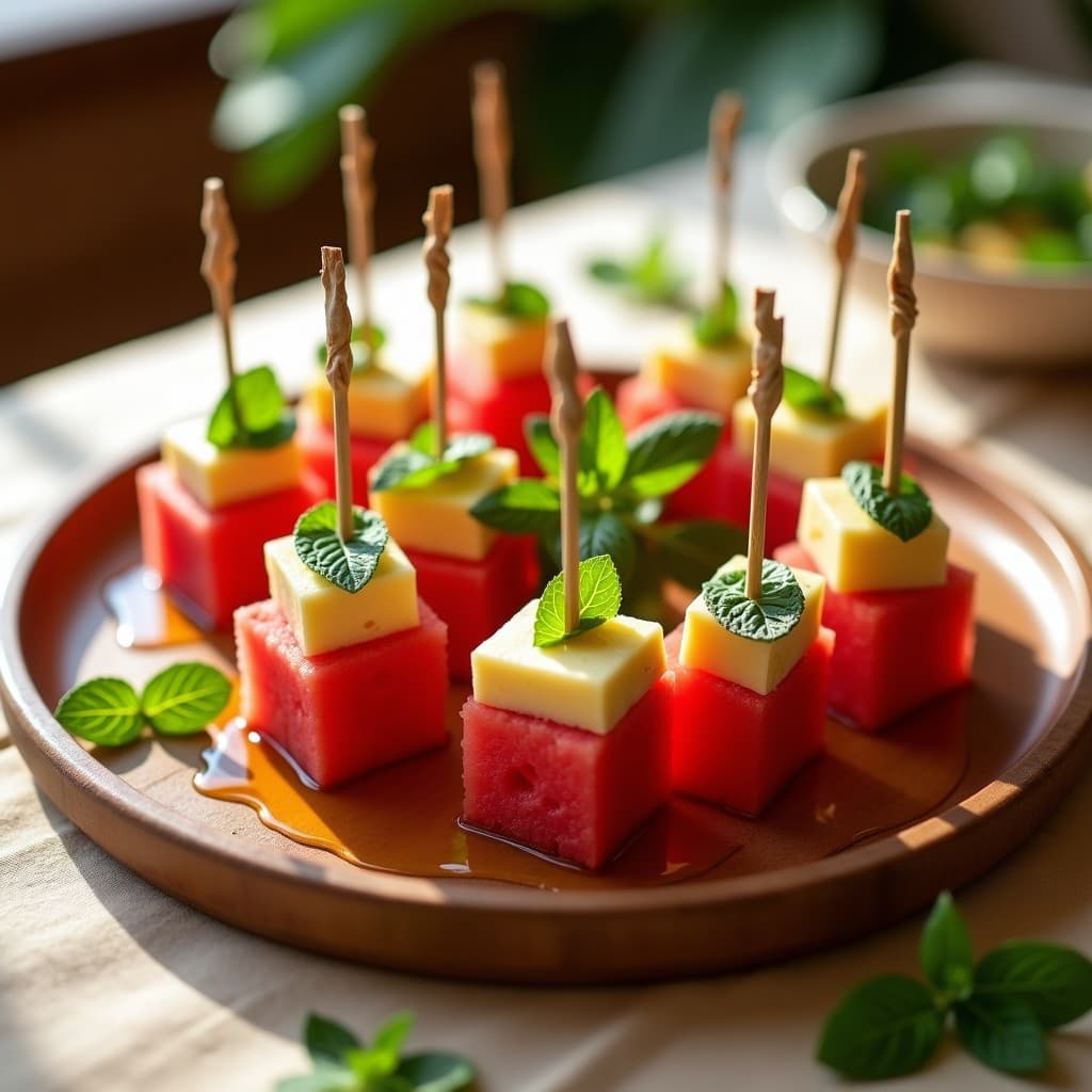 Brochetas de Sandía, Queso Halloumi y Mentas con Sirope de Agave: Aperitivo Chipriota Fresco y Original