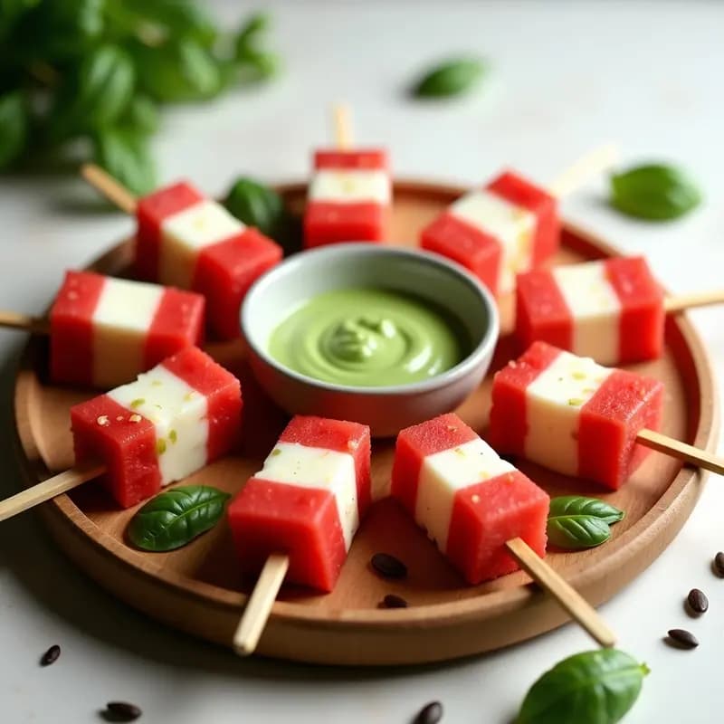 Brochetas de Watermelon y Queso Vegano con Salsa de Albahaca: Entrante Fresco y Sin Cocción