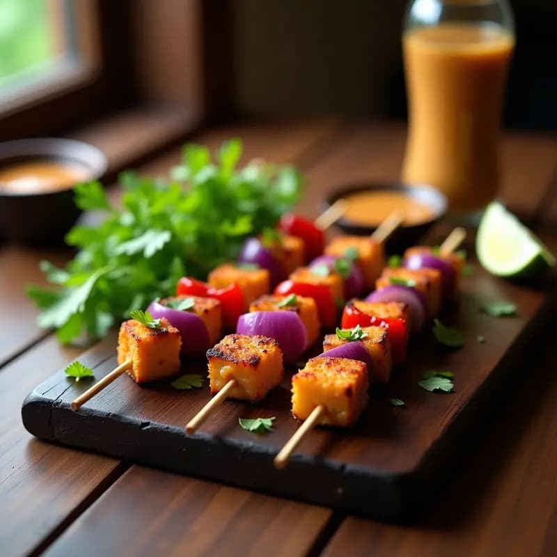 Brochetas de satisfaction con Salsa Peanut: Receta Indonesa Vegana y Crujiente