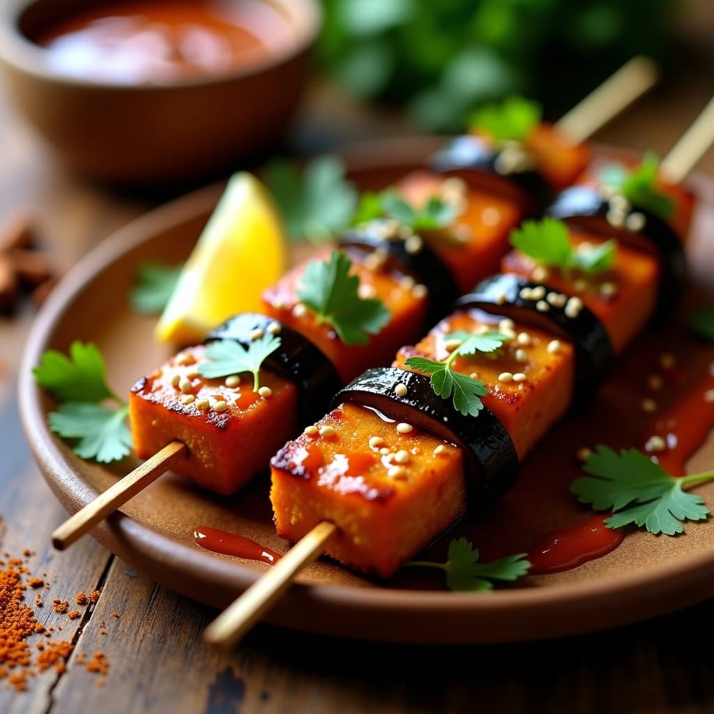 Brochetas de Tempeh Marinado y Berenjena: Receta Indiana al Horno con Salsa de Tamarindo