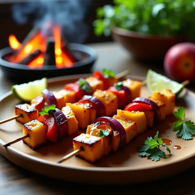 Brochetas de Tempeh Ahumado y Melocotón con Glaseado de Sirope de Agave: Receta Fusion Vegana en Grill
