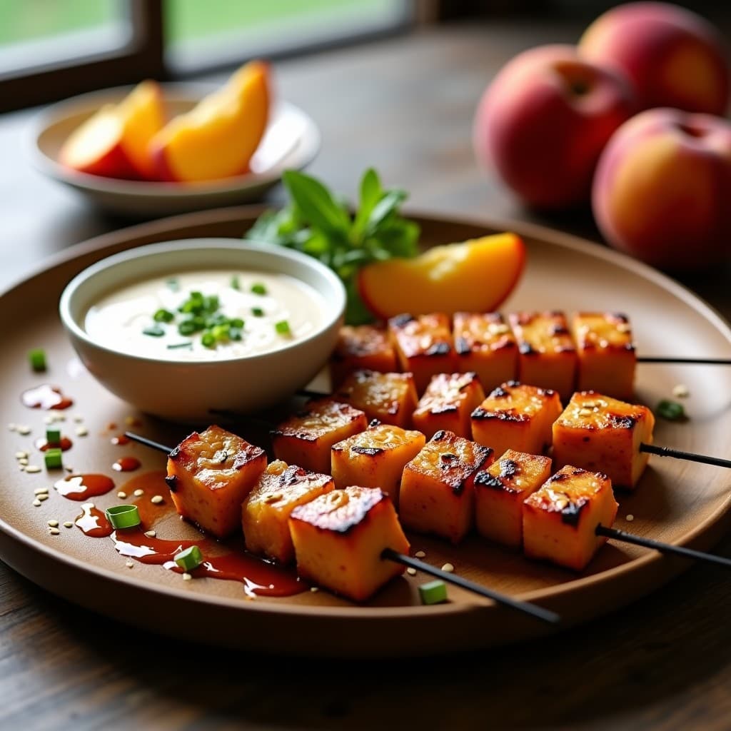 Brochetas de Tempeh Marinado y Melocotón con Salsa Sriracha: Receta Fusion Asia-Americana en Grill