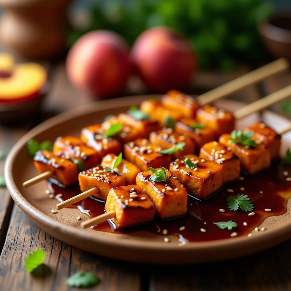 Brochetas de Tempeh y Melocotón con Reducción de Tamari: Receta Indonésia en Airfryer