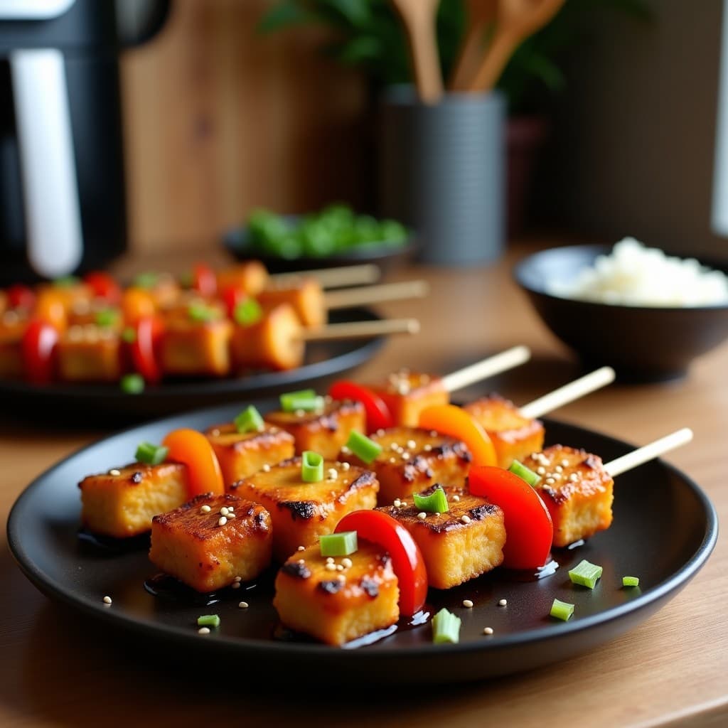 Brochetas de Tempeh Marinado en Miso y Miel con Pimientos Asados: Receta Japonesa en Airfryer