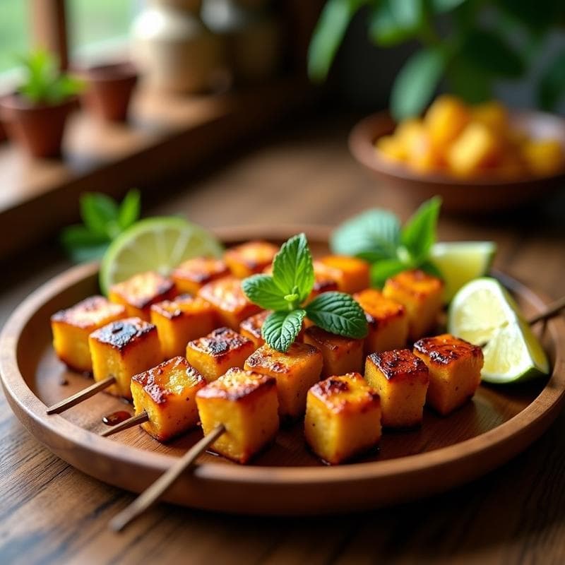 Brochetas de Tempeh Marinado y Piña Caramelizada: Receta Vegana en Airfryer con Toque Hawaiano