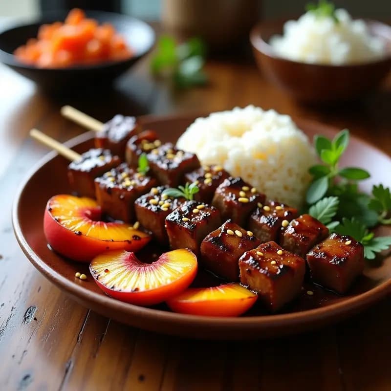 Brochetas de Ternera y Durazno con Glaseado de Miel y Soya: Receta Coreana a la Parrilla