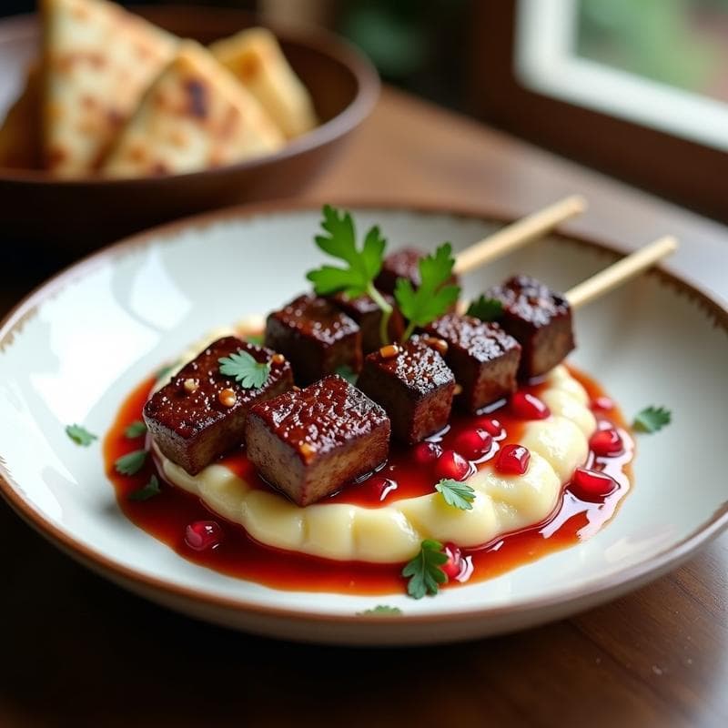 Brochetas de Ternera Marinada en Salsa de Granado con Puré de Coliflor: Receta Árabe en Olla Lenta