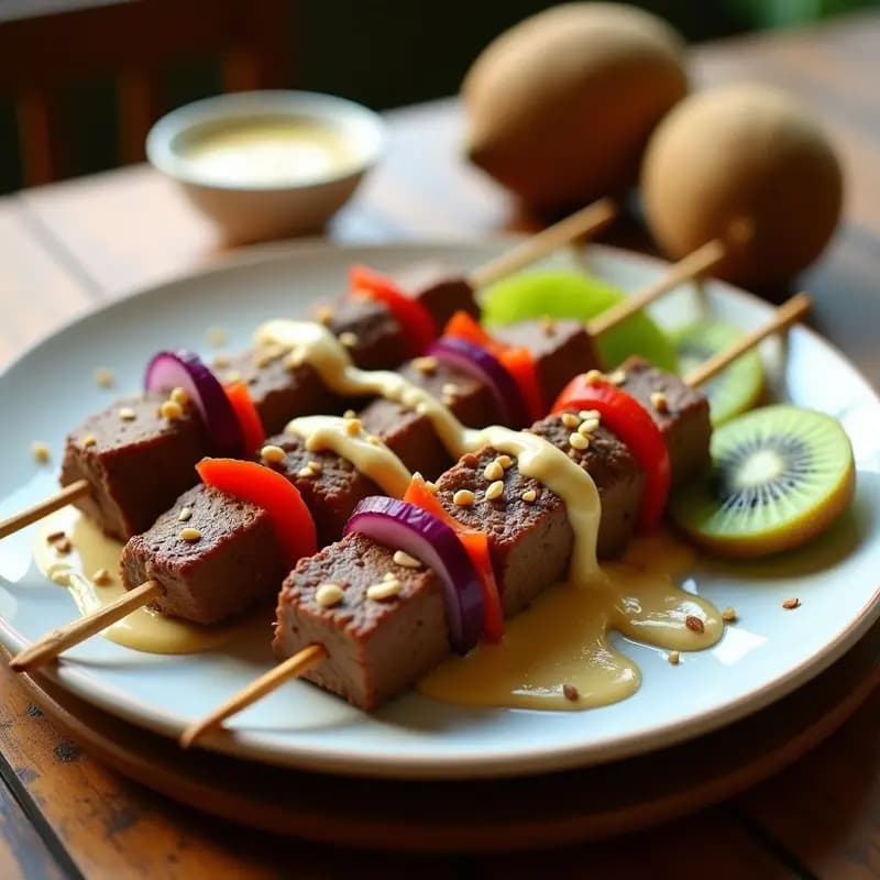 Brochetas de Ternera Marinada con Kiwi y Salsa de Sésamo: Receta China Alta en Proteína