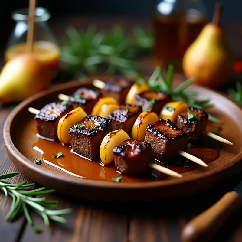 Brochetas de ternera y pera con salsa de mostaza de Dijon: Receta Francesa en Grill