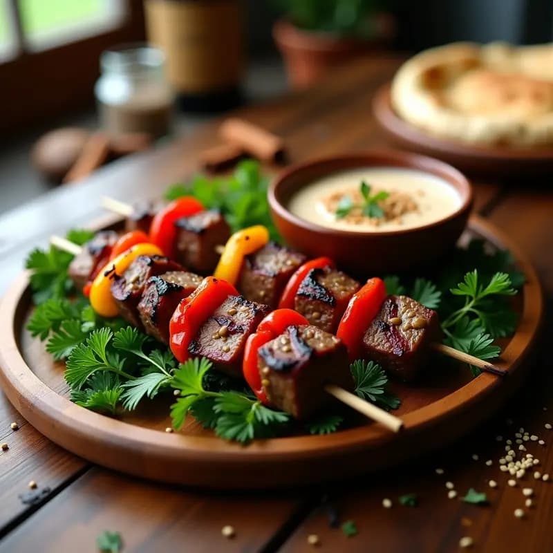 Brochetas de Ternera con Pimientos Asados y Salsa de Tahini: Receta Árabe en Grill