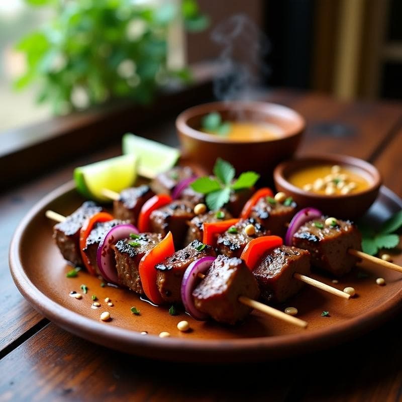 Brochetas de Ternera con Salsa de Cacahuete y Lima: Receta Tailandesa a la Parrilla