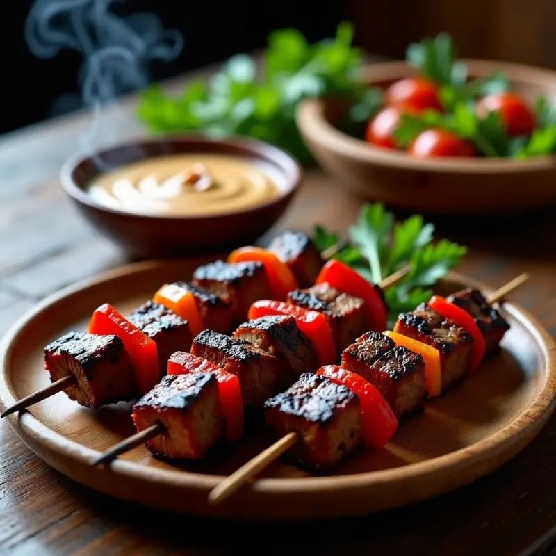 Brochetas de Ternera Marinada con Satay de Cacahuete: Receta Indonecia en Grill y Sin Aceite