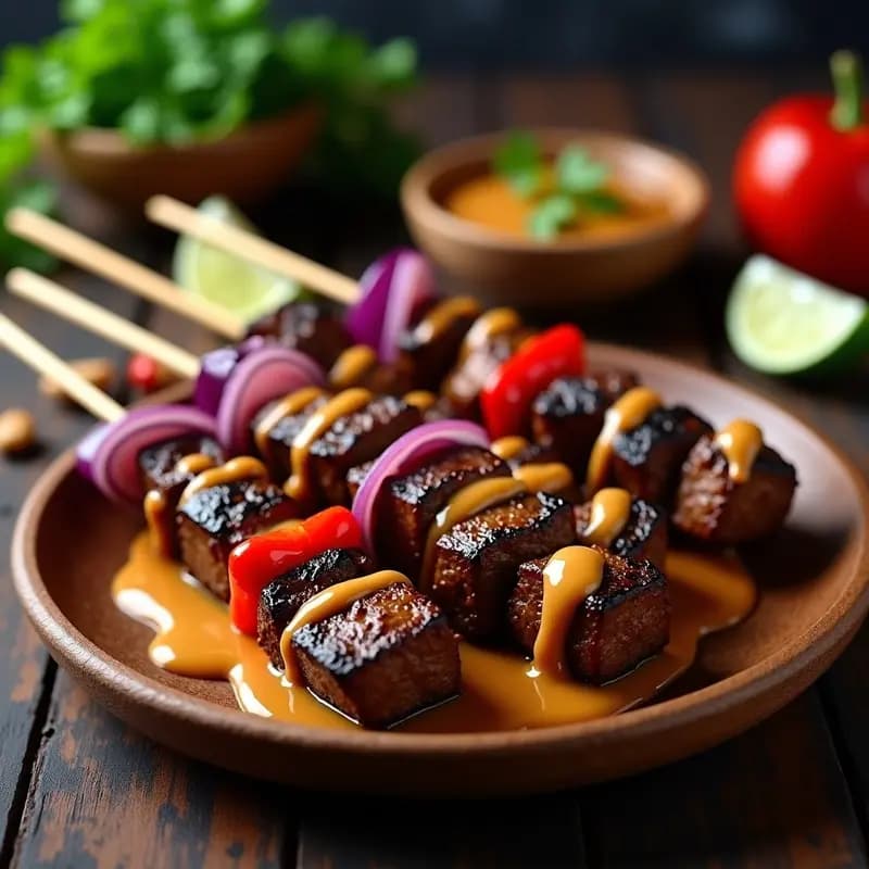 Brochetas de Ternera con Satay de Cacahuete: Receta Indonesia en Grill con Toque Picante