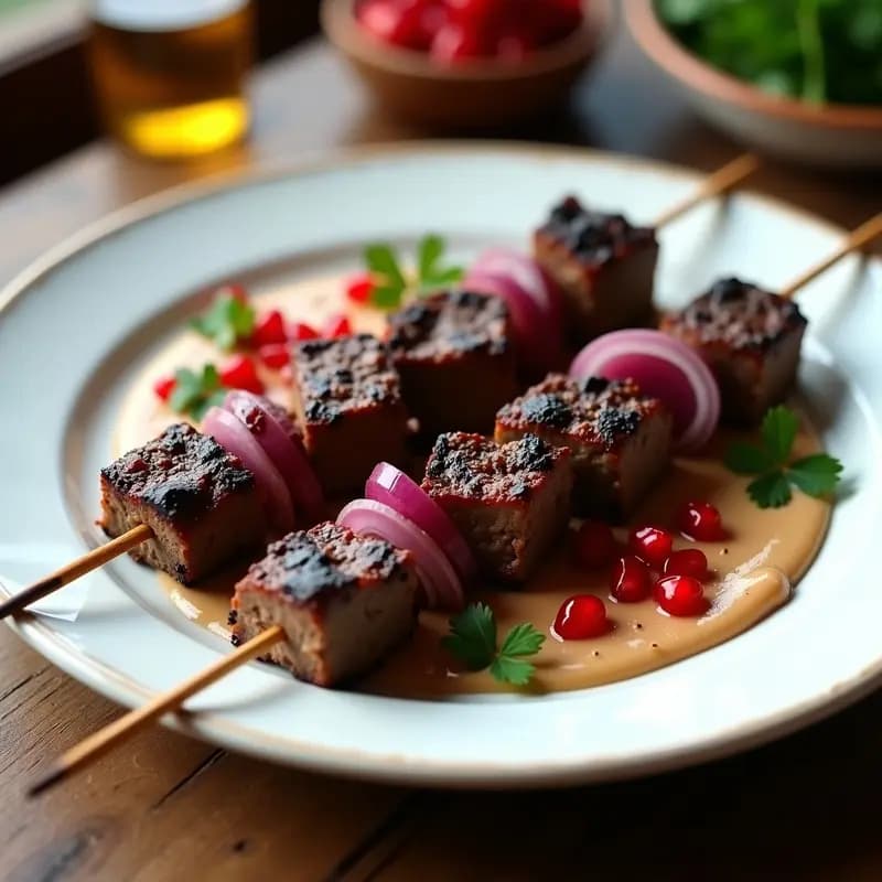 Brochetas de Ternera Marinada con Salsa de Tahini y Granada: Receta Árabe Alta en Hierro