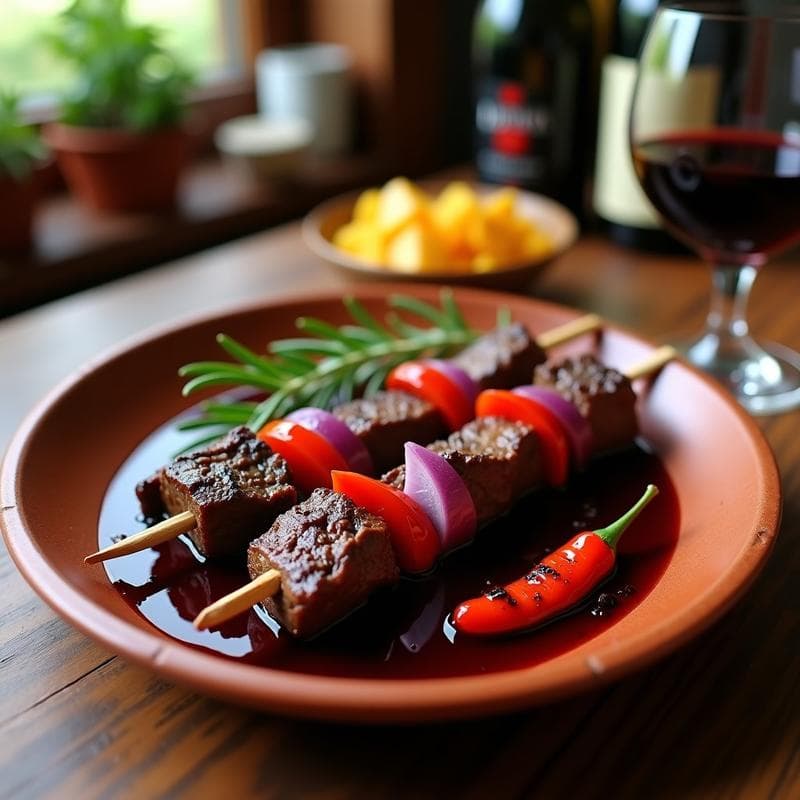 Brochetas de Ternera Marinada en Vino Tinto con Pimientos Asados: Receta en Olla Lenta