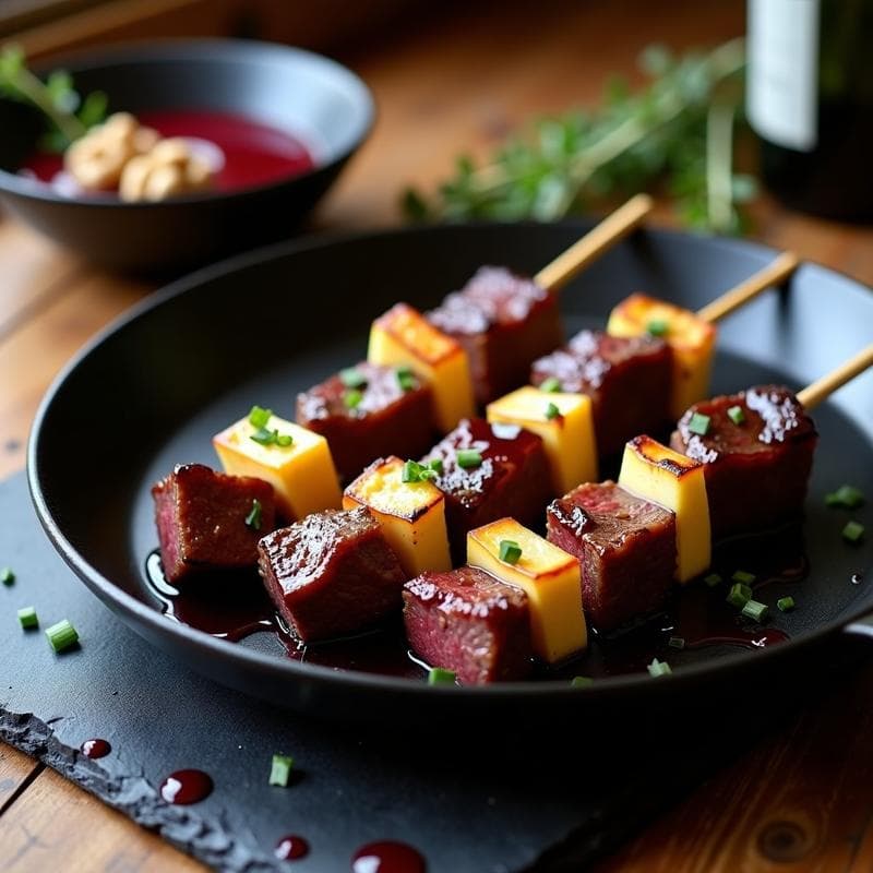 Brochetas de Ternera Marinada en Vino Tinto con Queso Azul: Receta Francesa a la Plancha