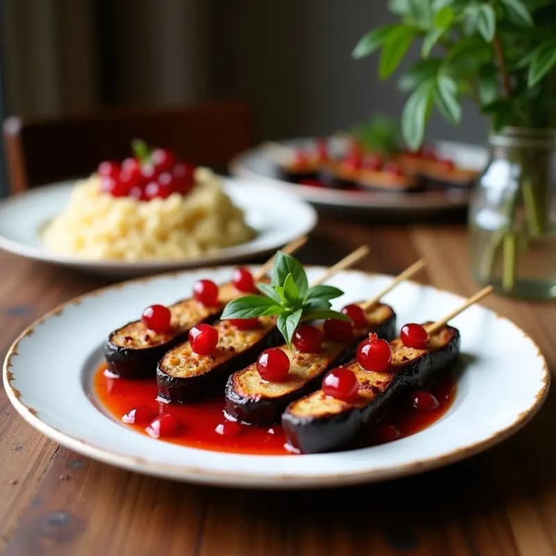 Brochetas de Terrina de Lentejas y Berenjena Ahumada: Entrante Vegano con Salsa de Granados