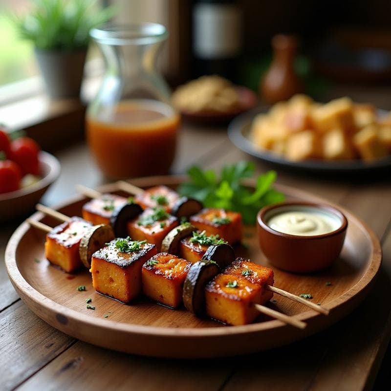 Brochetas de Tofo Ahumado y Berenjena con Salsa de Tahini: Receta Vegana para BBQ