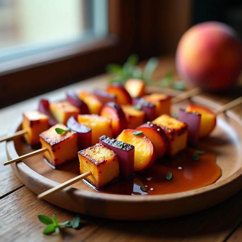 Brochetas de Tofu Ahumado y Durazno: Receta Vegana en Thermomix con Toque Canadiense