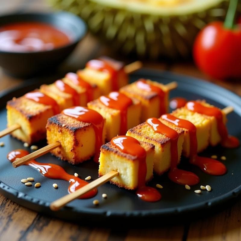 Brochetas de Tofu Ahumado y Durian: Receta Tailandesa en Airfryer con Salsa Sriracha
