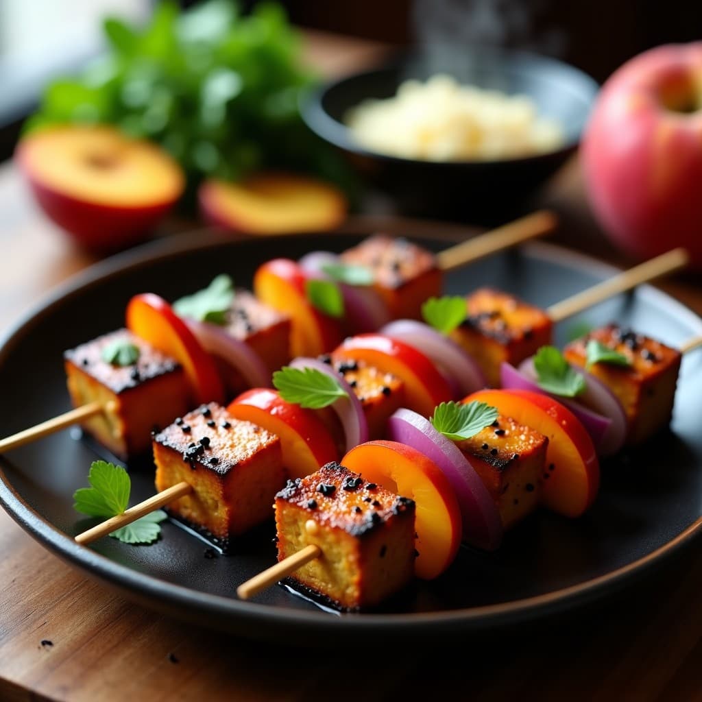 Brochetas de Tofu Ahumado y Melocotón: Receta Coreana Vegana a la Parrilla