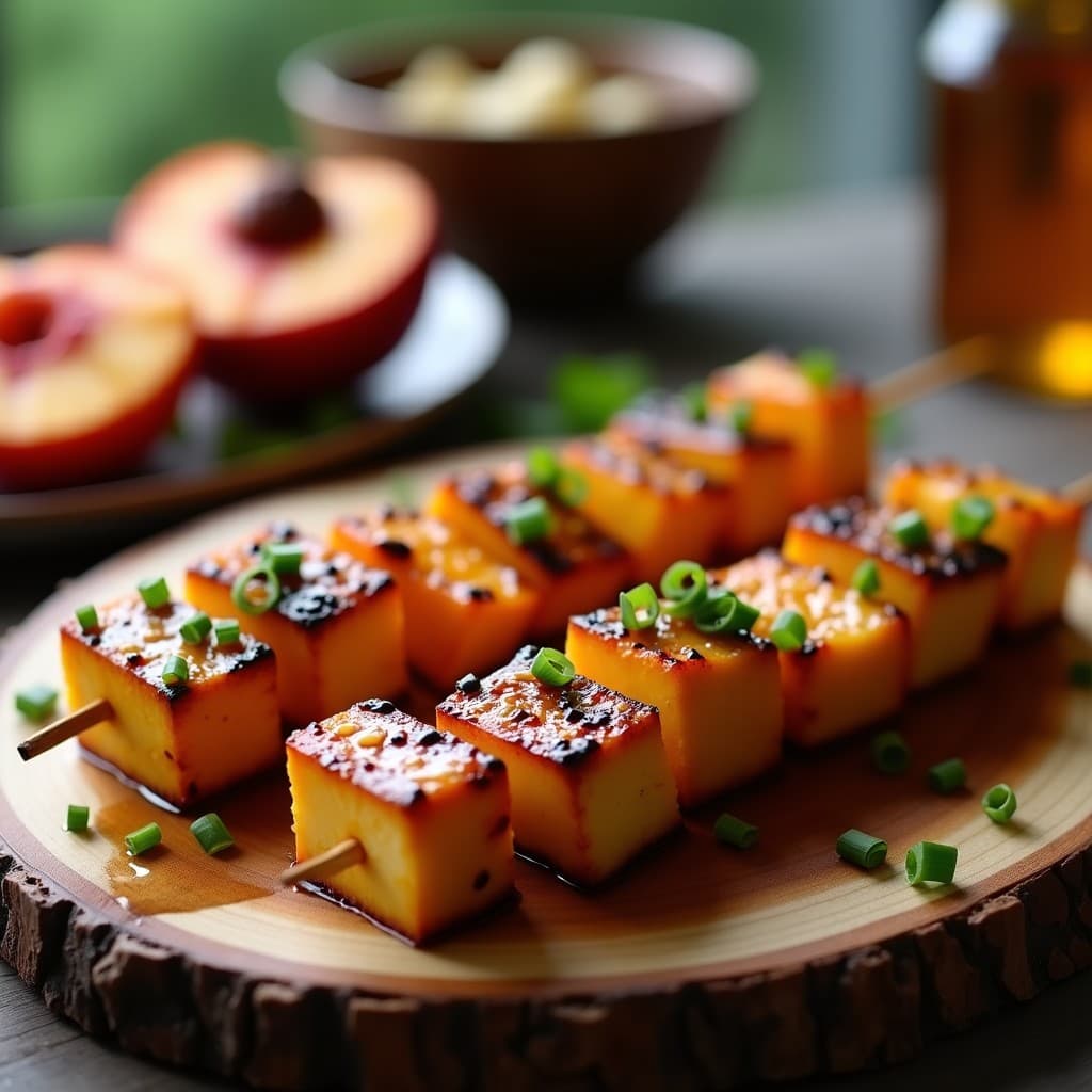 Brochetas de Tofu Ahumado y Melocotón con Miel de Jengibre: Receta Fusion Chino-Española en Grill
