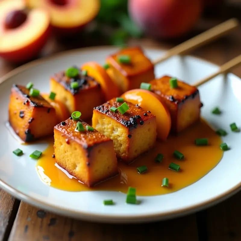 Brochetas de Tofo Ahumado y Melocotón: Receta Dulce-Salada en Airfryer con Salsa de Mostaza