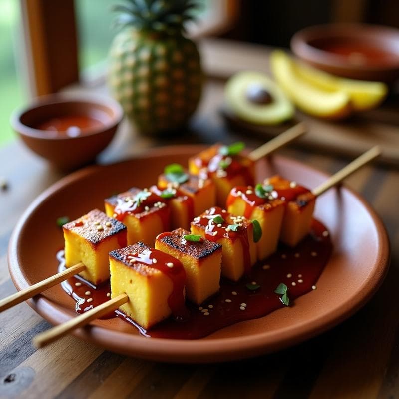 Brochetas de Tofo Ahumado y Piña con Salsa de Chilimole: Receta Vegana en Olla Lenta