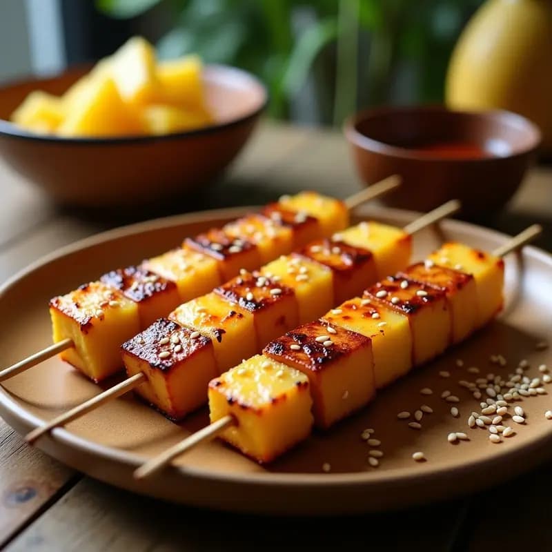 Brochetas de Tofu Marinado y Ananás con Glaseado de Sésamo: Receta Japonesa Keto en Grill