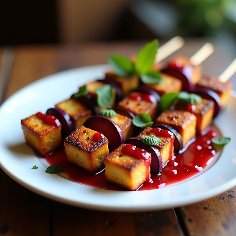 Brochetas de Tofu Ahumado y Berenjena con Salsa de Granadina: Receta en Airfryer con Toque Persa